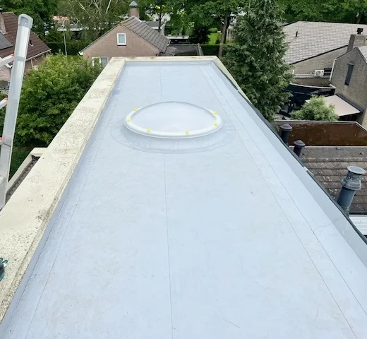 Nieuw PVC dak met lichtkoepel, ladder tegen de dakrand